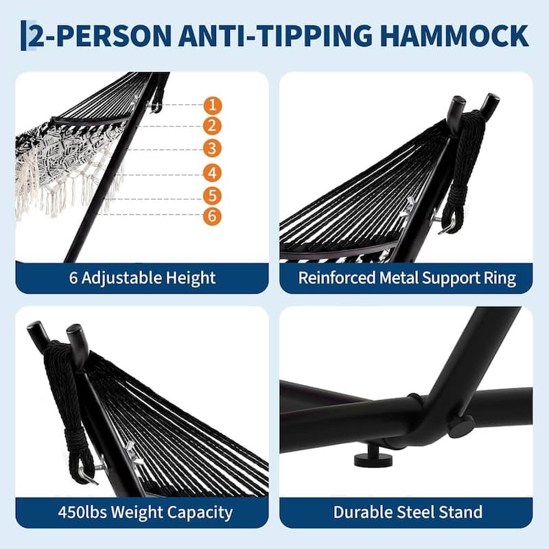 450 LBS Capacity Portable Double Hammock with Stand for Outdoor Patio Backyard Poolside - Black+White