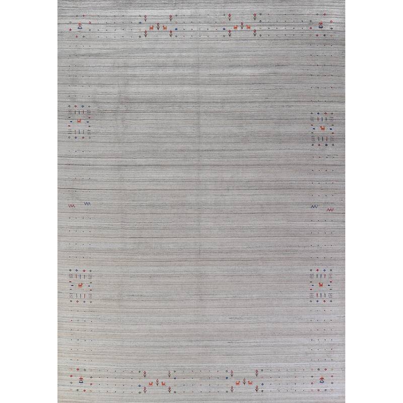 Hand Knotted Oriental 100% Wool Carpet Tribal Stripe Greys & Charcoal Gabbeh Area Rug - 12' 0'' X 8' 10''