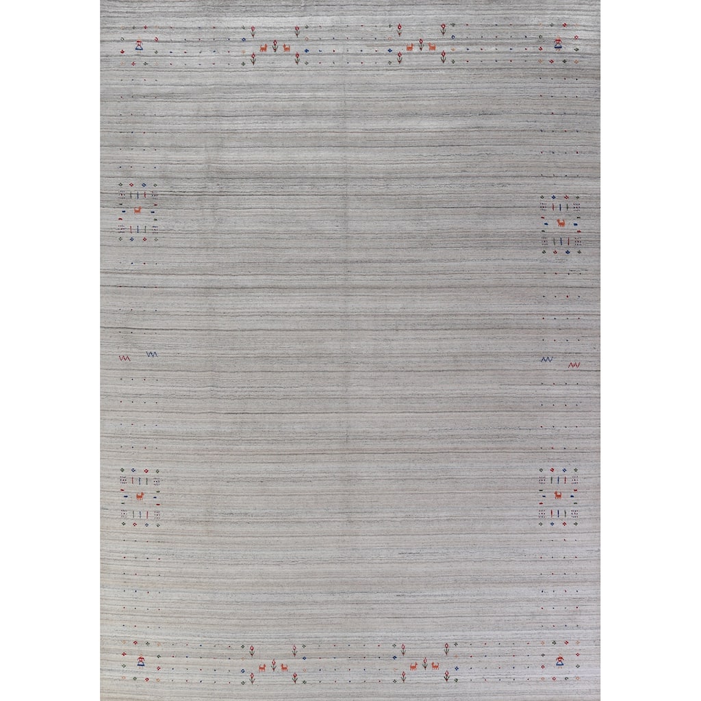 Hand Knotted Oriental 100% Wool Carpet Tribal Stripe Greys & Charcoal Gabbeh Area Rug - 12' 0'' X 8' 10''