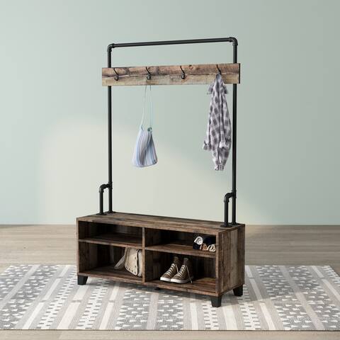 DH BASIC Reclaimed Barnwood Entryway Bench with Coat Rack by Denhour