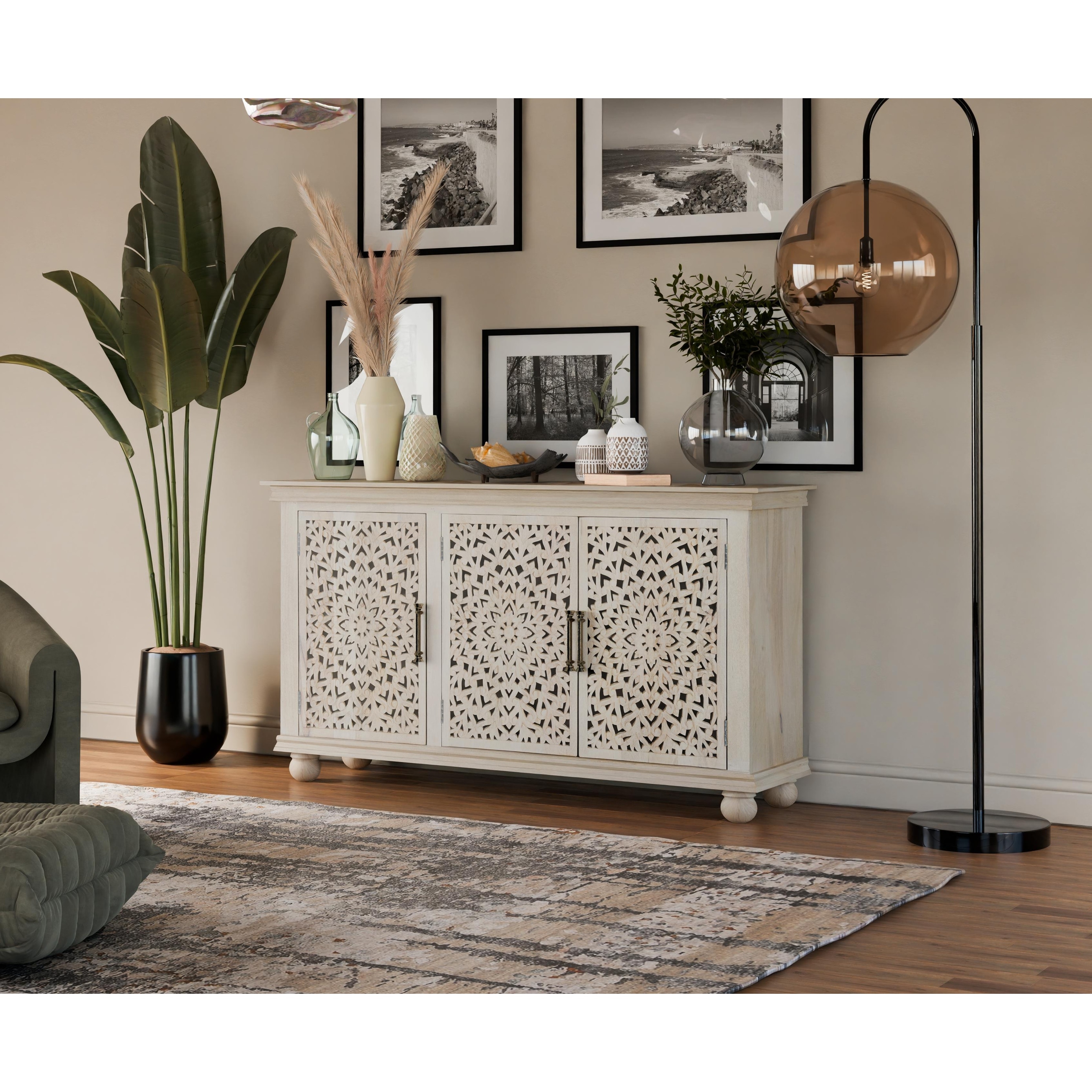 Grace 3-door Floral Carved Solid Wood Sideboard
