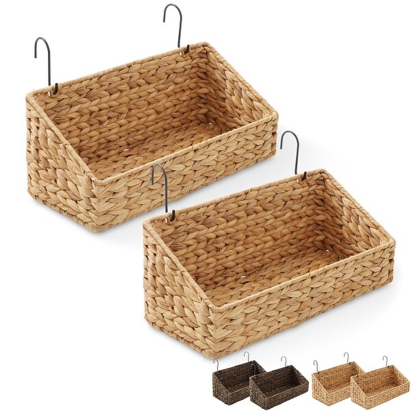 2pk Hanging Baskets w Hooks Woven Hyacinth Wall Mount Storage Bins