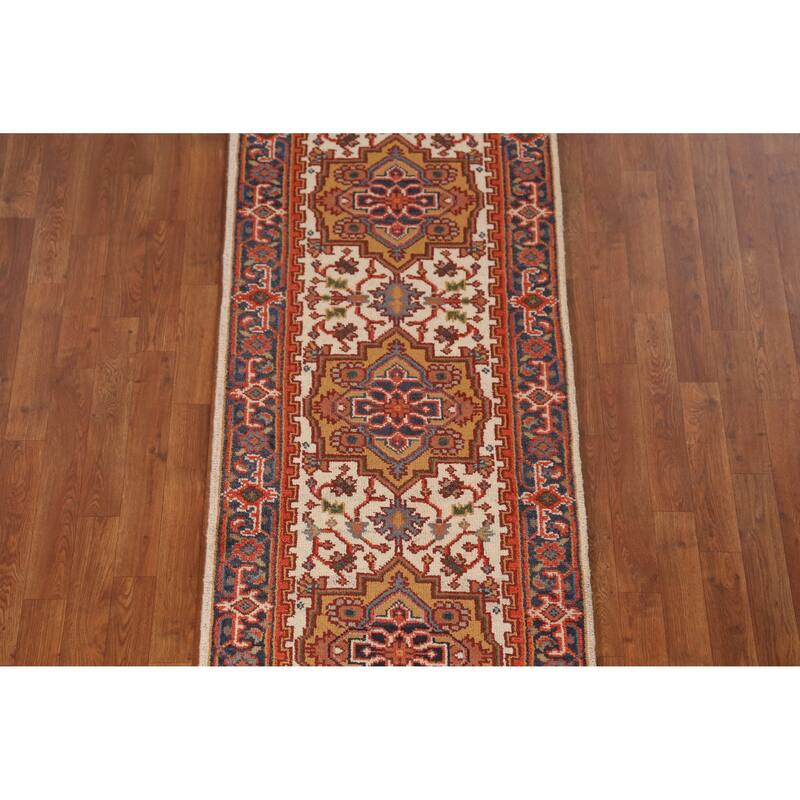 Traditional Heriz Serapi Runner Rug Hand-Knotted Beige Wool Carpet - 2'6" x 14'0"