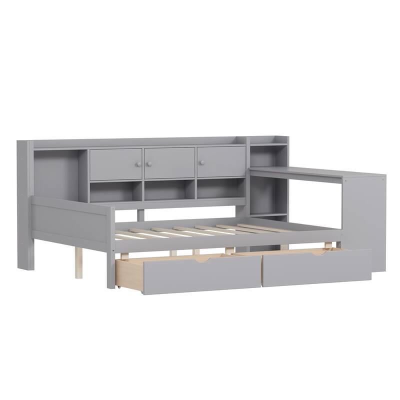 Full Size Daybed w/Storage 3 Cabinets & 2 Drawers,L-Shape Daybed Frame
