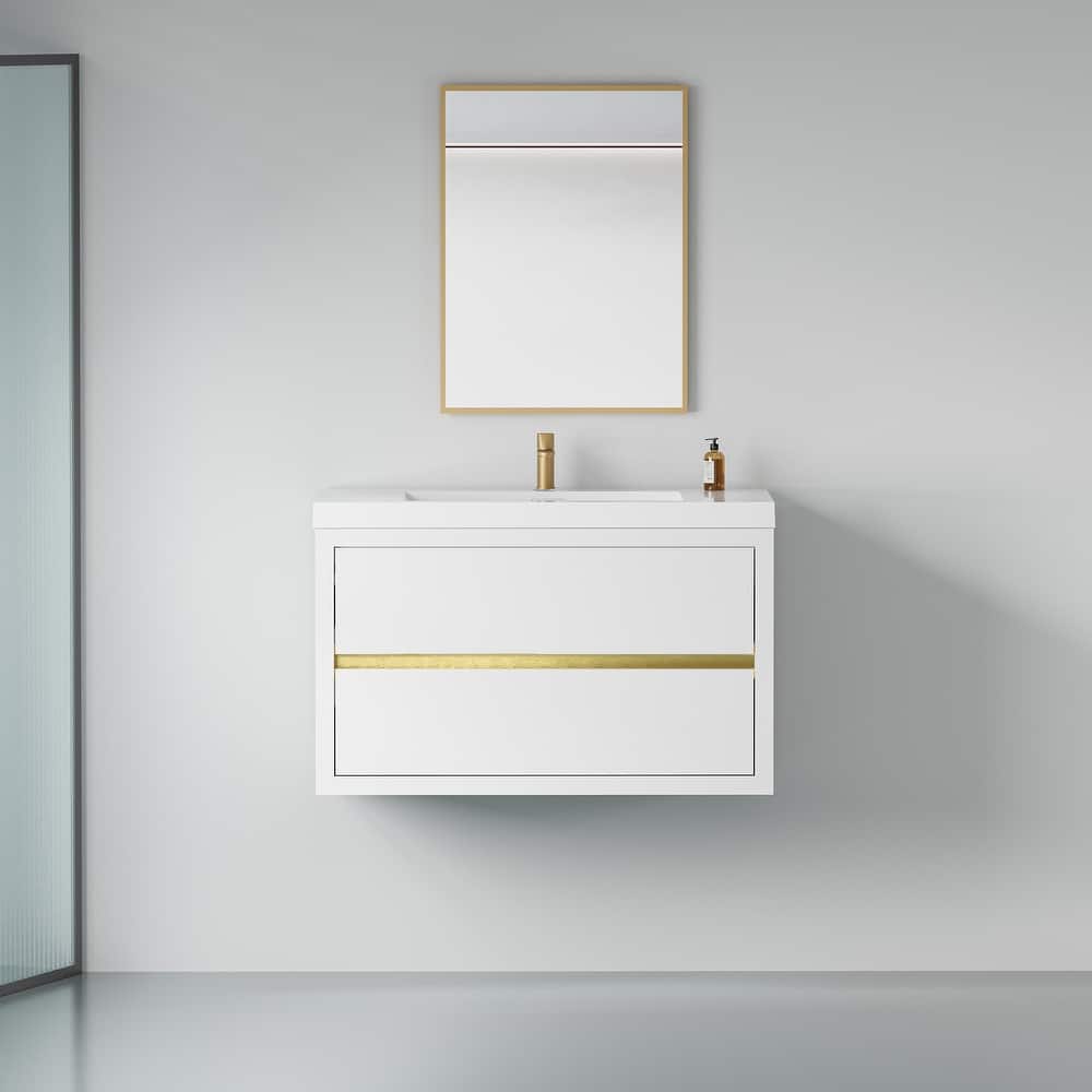 GDFStudio - Maxwell Floating Bathroom Vanity with Stone Resin Countertop & Soft-Close Drawers