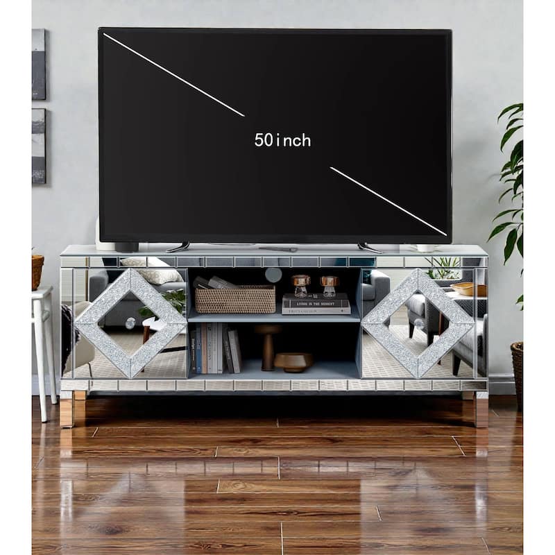 Modern Mirror TV Media Console 47 Inch, Dual Door Entertainment Center with Glass Accents for Living Room Bedroom