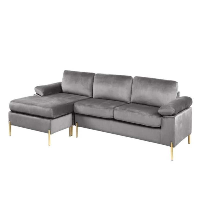 Velvet Upholstered L-shaped Sectional Sofa with Wood Frame and Metal Legs