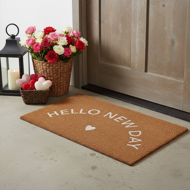 HomeRoots 17" X 29" Brown And White Hello New Day Outdoor Coir Door Mat - 17.00' X '29.00 - 17.00' X '29.00