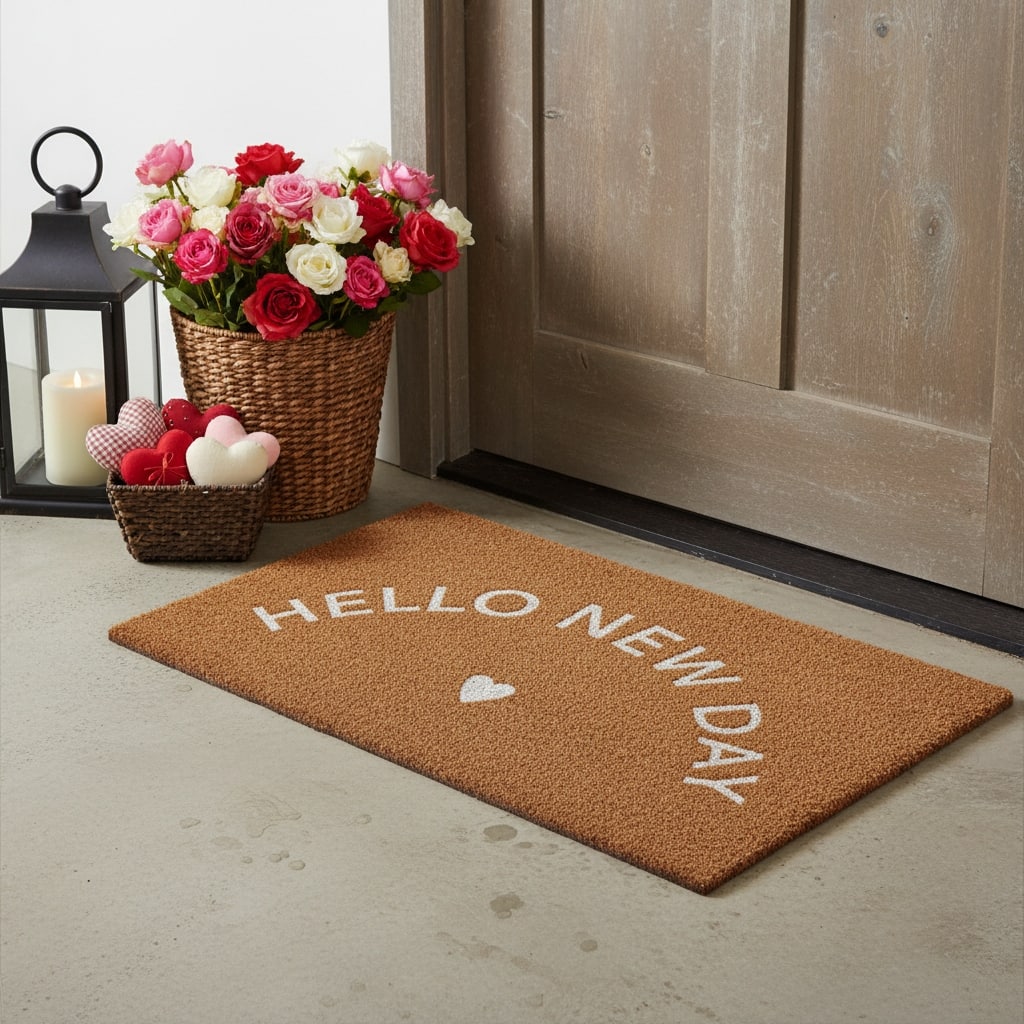 HomeRoots 17" X 29" Brown And White Hello New Day Outdoor Coir Door Mat - 17.00' X '29.00