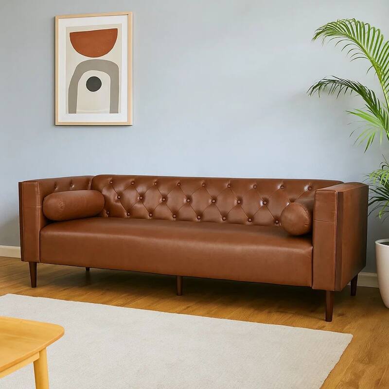 Biya Sofa, 3 Seater, 90 Inch, Tufted Brown Faux Leather, 2 Pillows