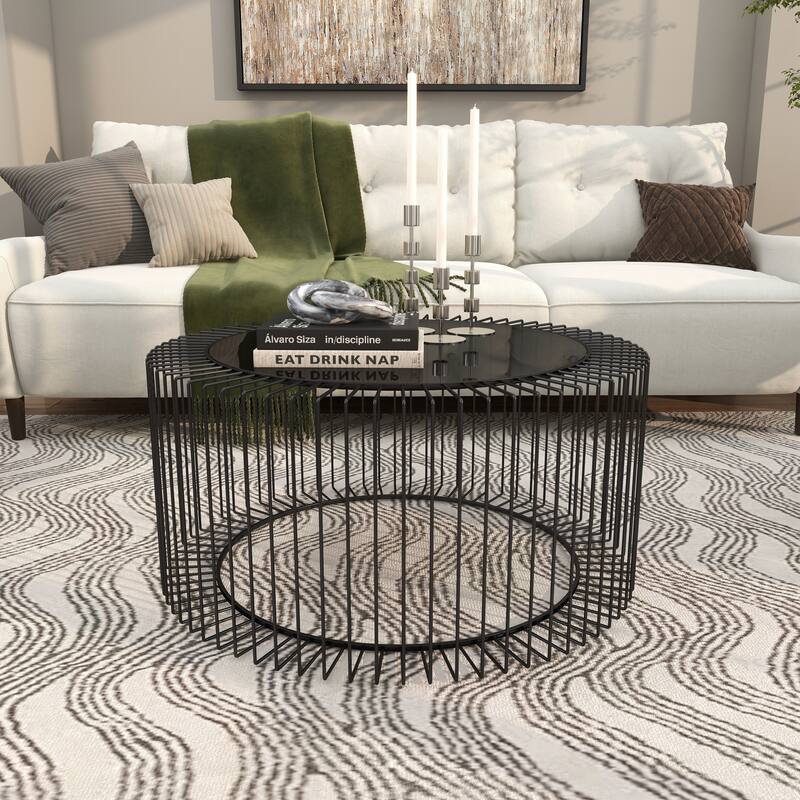 Metal Open Wire Frame Coffee Table with Shaded Glass Top - Black - Roche River Decor
