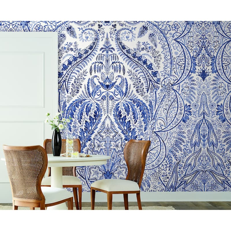 Fayetteville Blue/White Sure Strip Prepasted Damask Jaipur Paisley