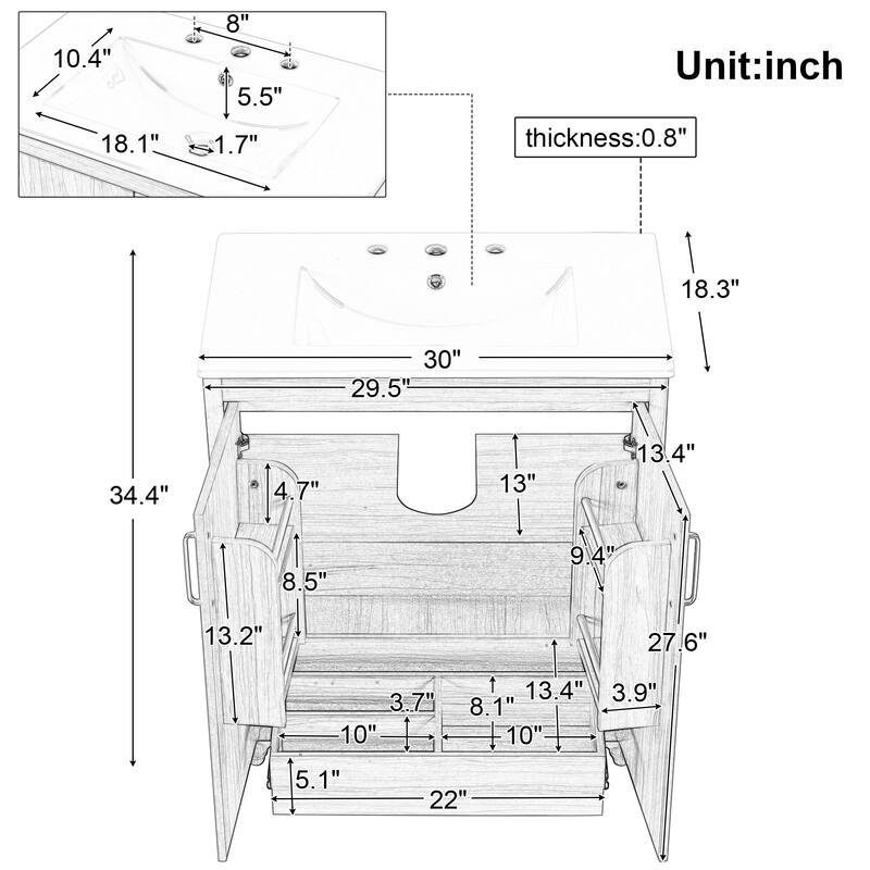 Roomfitters 30" Bathroom Vanity with Sink, Solid Wood Frame, 2 Doors with Storage Racks & Divided Bottom Drawer, Natural