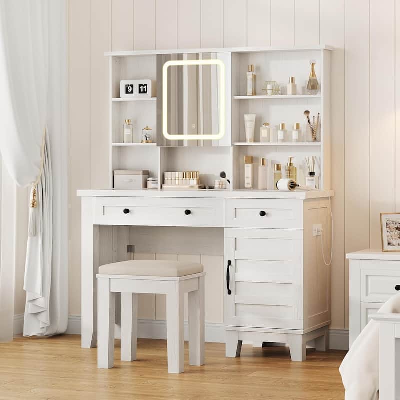 Farmhouse Makeup Vanity Desk with Stool, Mirror and Lights & Power Outlet - White