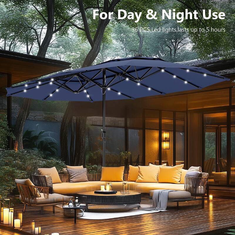 MAISON ARTS 15ft 2-Tier Large Patio Umbrella with Solar Lights, Double-Sided Outdoor Market Umbrellas with Base Included