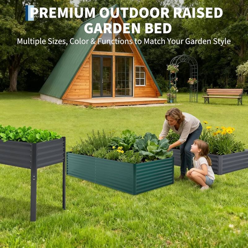 8 x 4 x 2 FT Galvanized Steel Raised Garden Bed Kit with Zipper-Door Greenhouse Cover Dark Green