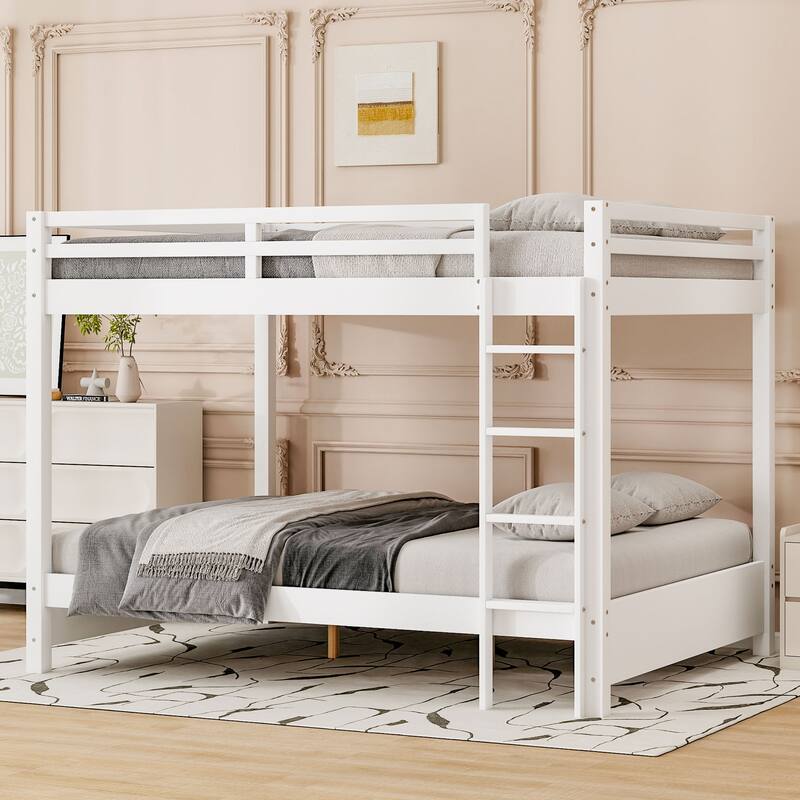 Queen Size White Wood Bunk Bed with Ladder, Space-Saving Design