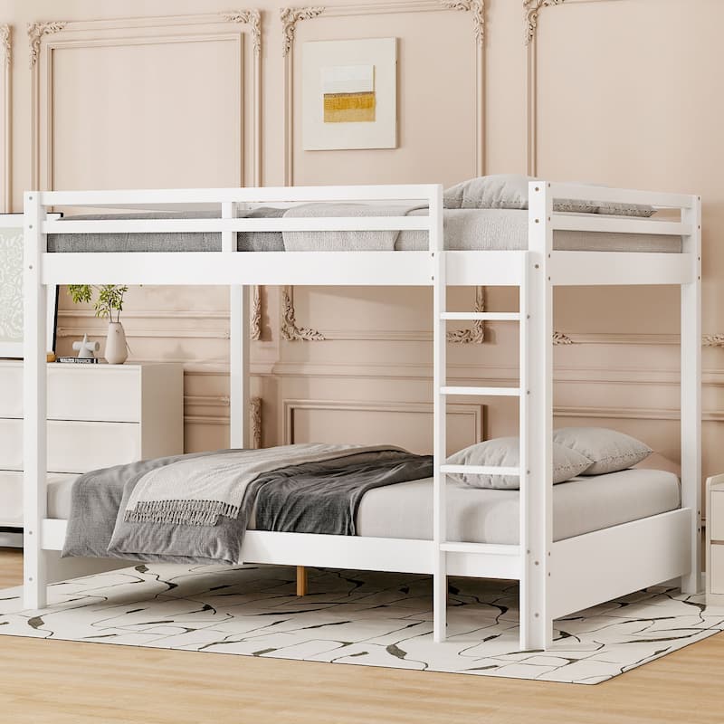 Wood Queen Size Bunk Bed with Ladder and Guardrails, No Box Spring Required