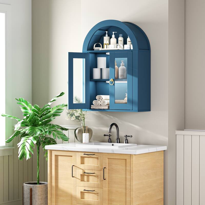 Wall Mounted Arched Cabinet with Glass Doors, Light and Adjustable Shelves for Laundry Room, Bathroom, Kitchen
