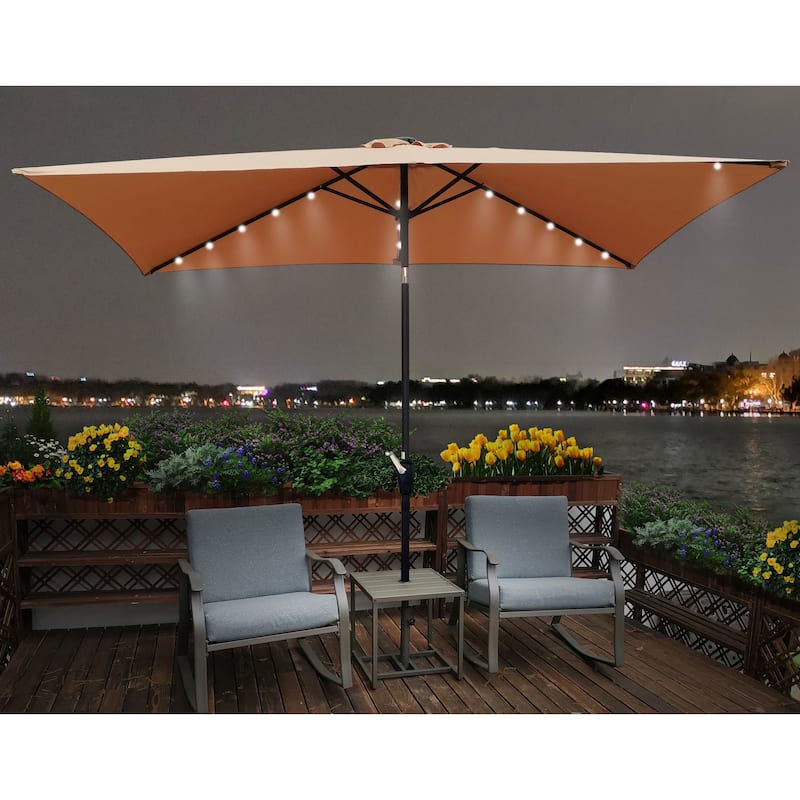 10 x 6.5t Rectangular Patio Solar LED Lighted Outdoor Market Umbrellas with Crank and Push Button Tilt for Garden Shade