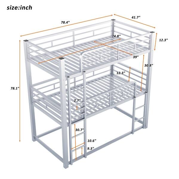 Metal Twin Size Triple Bunk Bed in Silver