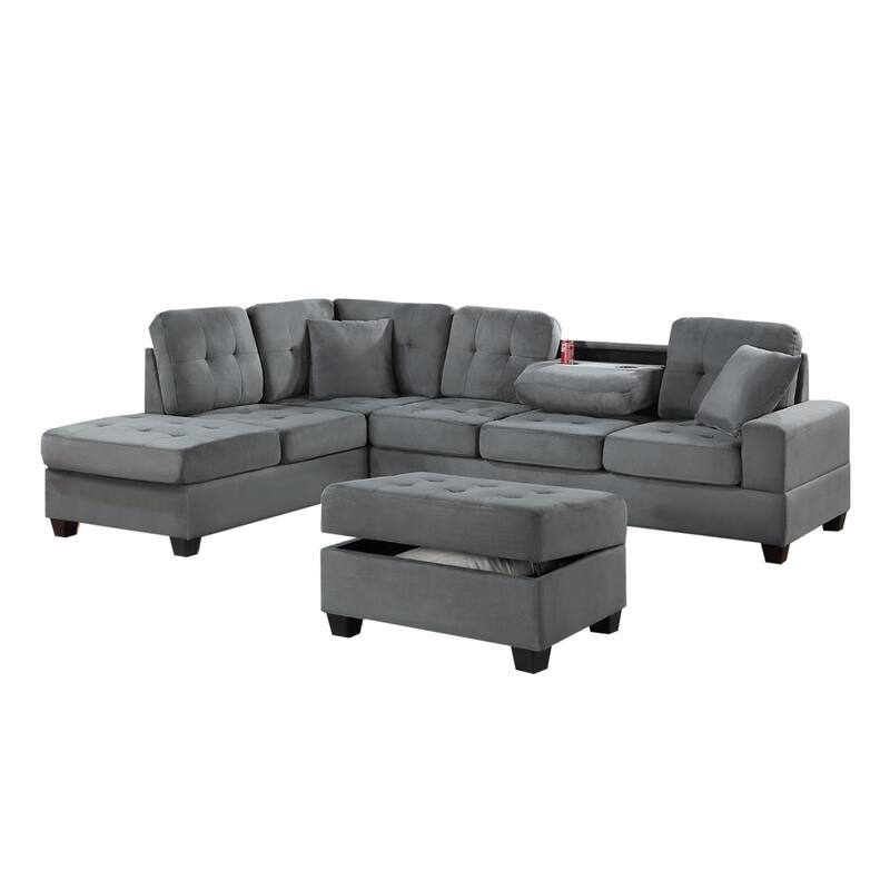 3 Piece Plush Microfiber Sectional with Ottoman - Dark Gray/Black