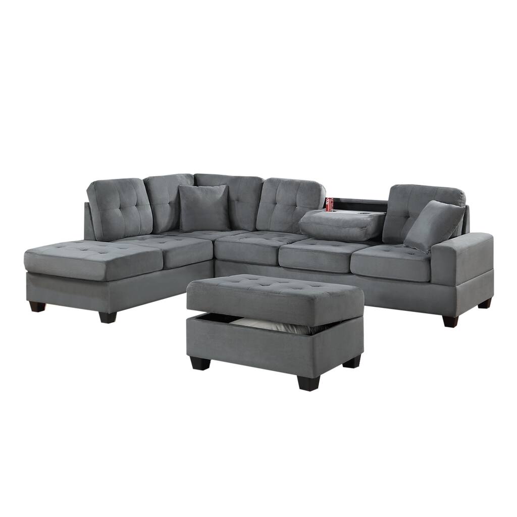 3 Piece Plush Microfiber Sectional with Ottoman