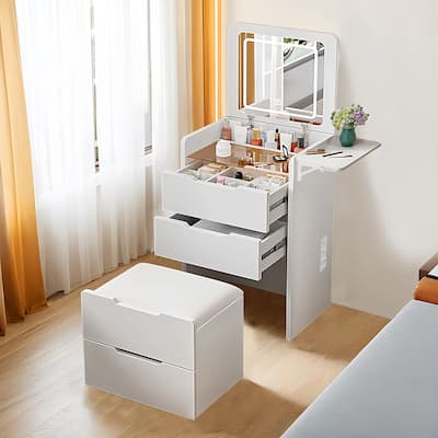 Makeup Vanity Desk with Hidden Panel,Charging Station,3-in-1 Vanity Set with 3 Drawers, Vanity