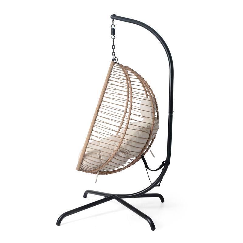 Roomfitters Sora Outdoor Wicker Hanging Chair with Stand and Beige Cushion, Brown Rattan Swing - Single Unit