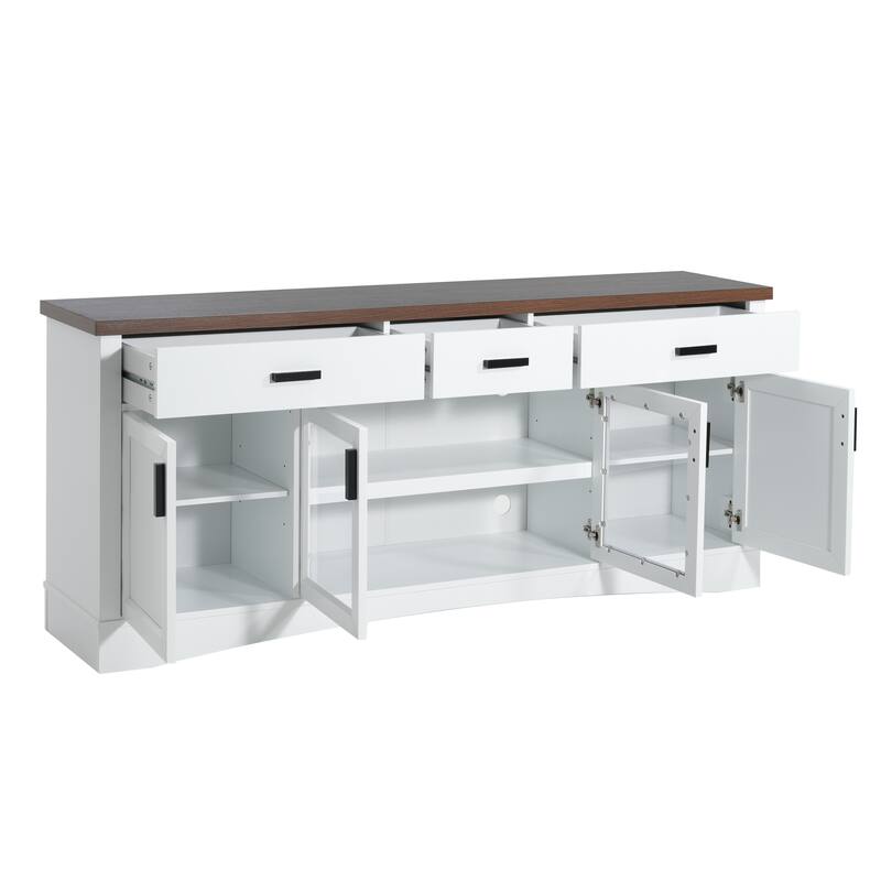 Roomfitters 67 Inch TV Stand with Glass Doors and Storage Drawers, Modern Entertainment Console with Adjustable Shelves