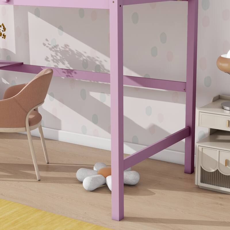 Pink Twin High Loft Bed with Safety Guardrail, Built-in Desk and Ladder, Rubber Wood Construction
