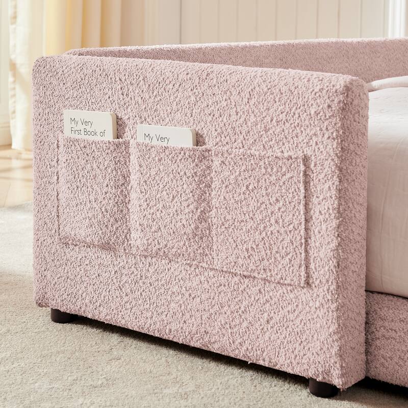 Full Size Upholstered Platform Bed with Cute Rabbit Ear Shaped Headboard, with Safety Rail and Pocket, Boucle Fabric
