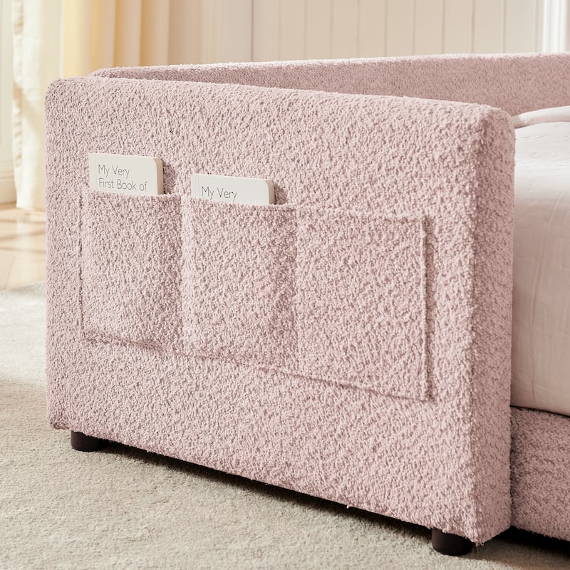 Upholstered Platform Bed with Safety Rail Pocket and RabbitEar Platform Bed w/Skin-friendly Boucle Wood Slat Support Bed Frame