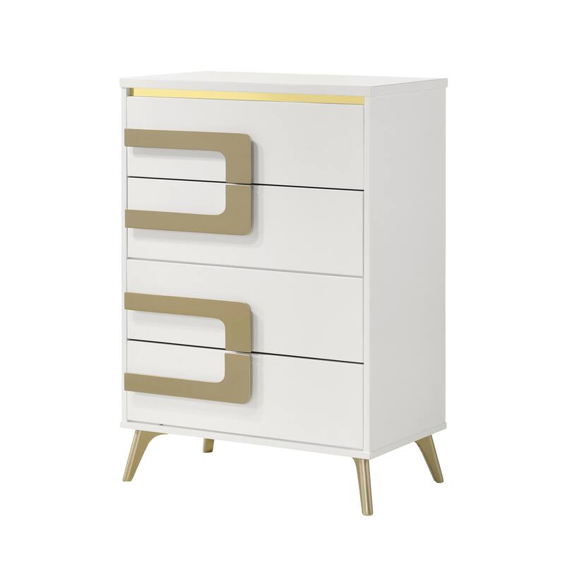 Claire White and Gold Wood 4 Drawer Chest with Modern Hardware