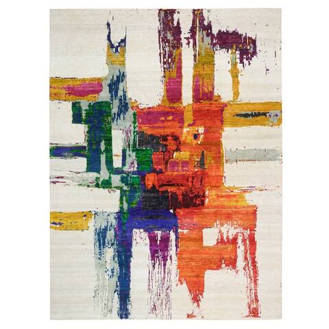 Hand Knotted Multicolored Modern and Contemporary with Wool & Silk Oriental Rug (9' x 12') - 9' x 12'