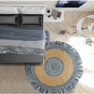 Sevita Organic Jute Braided Area Rug, Denim Blue and Natural