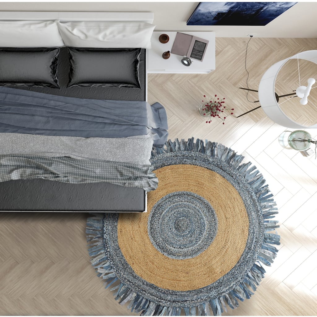 Sevita Organic Jute Braided Area Rug, Denim Blue and Natural
