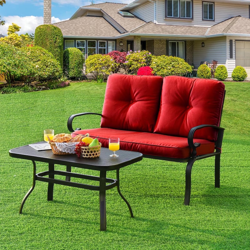Gymax 2PCS Patio Loveseat & Table Set Conversation Sofa Set w/ Red - Red