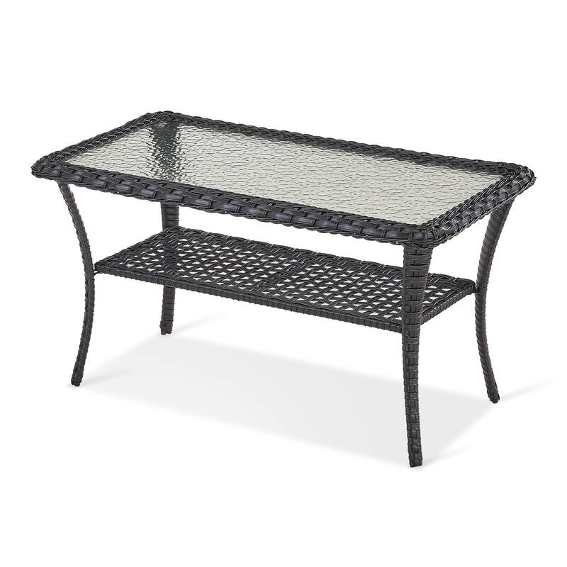 Outdoor Wicker Patio Coffee Table with Glass Top and Storage Shelf