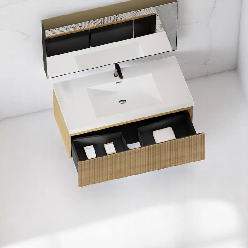 24"/30"/36"/42" Floating Bathroom Vanity Combo with Solid Surface Basin, Natural Oak Storage Cabinet, Modern Design