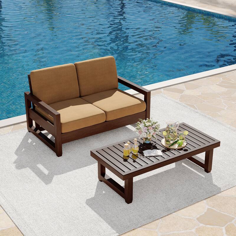Teak Loveseat Patio Set with Cushions and Table (2-Piece)