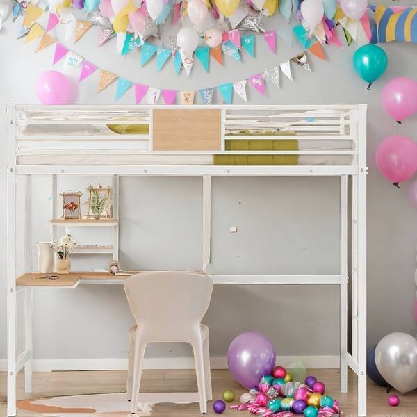 slide 2 of 24, Classic Elegant Twin Loft Bed House Bed with Desk and Shelve White