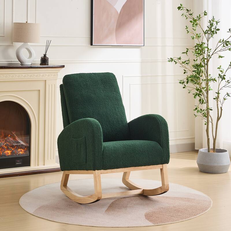 27.2"W Rocking Chair Green Side Chair with High Back and Side Pocket, Accent Chair Armchair with Wood Legs