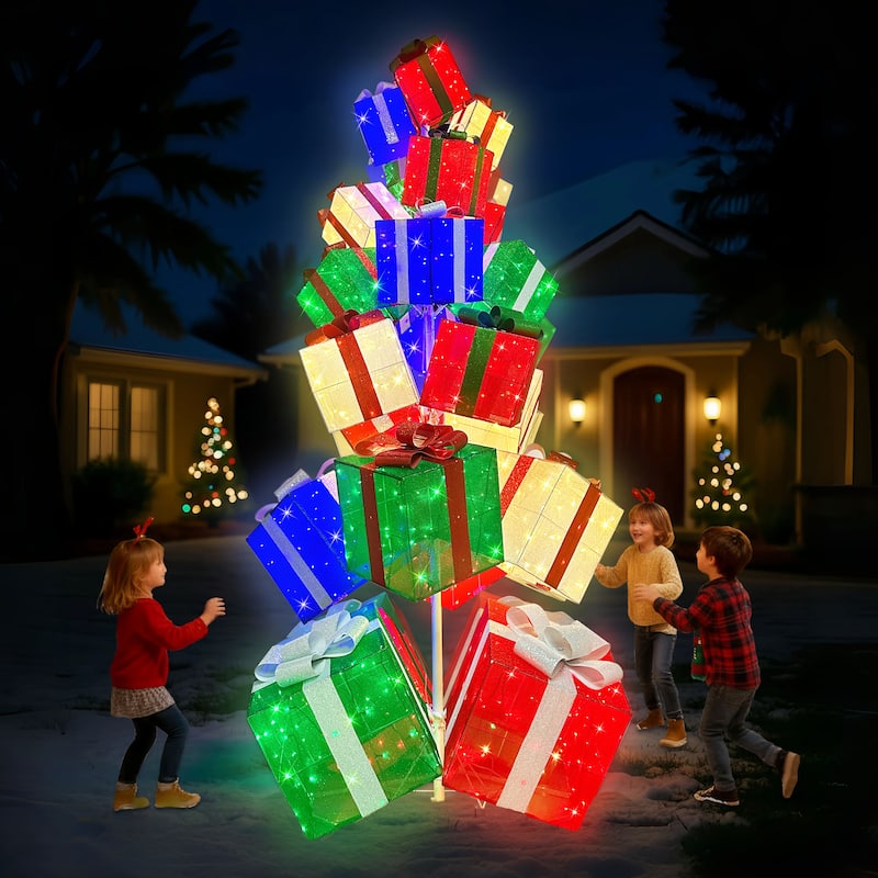 Puleo International 10.8' Pre-Lit Christmas Giftbox Tree Christmas Holiday Decor with 1000 Dual-Colored LED Lights - Multi-Color