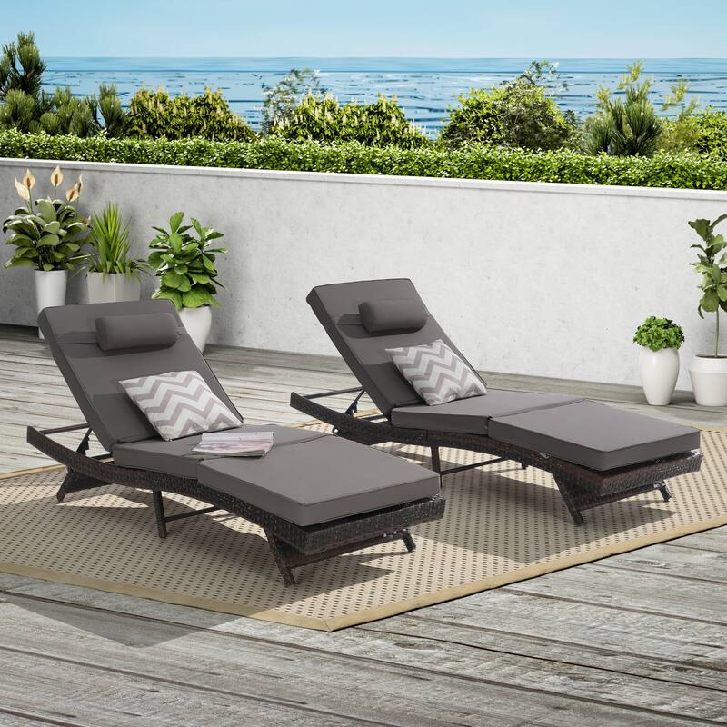 2 Piece Outdoor Wicker Long Reclining Chair Set, Sunbathing Recliner for Beach Poolside Garden - Black