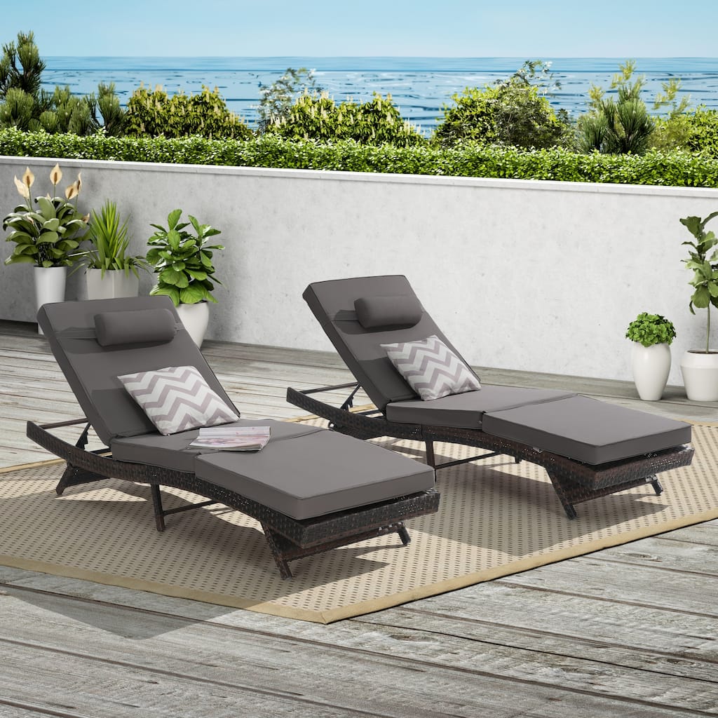 2 Piece Outdoor Wicker Long Reclining Chair Set, Sunbathing Recliner for Beach Poolside Garden