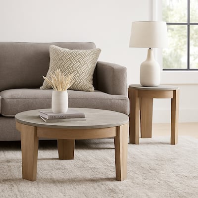 Hena 3pc Coffee and End Table Set, Round Gray Faux Cement, Brown Wood