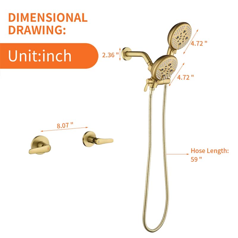 Wall Mount Shower Faucet with Handheld Shower Brass 5-Setting Spray Dual Head Shower System with Rough-in Valve