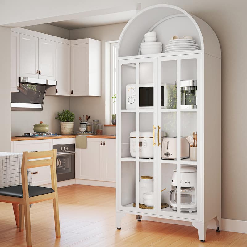 73.6-Inch Arched Metal Storage Display Cabinet with Glass Doors