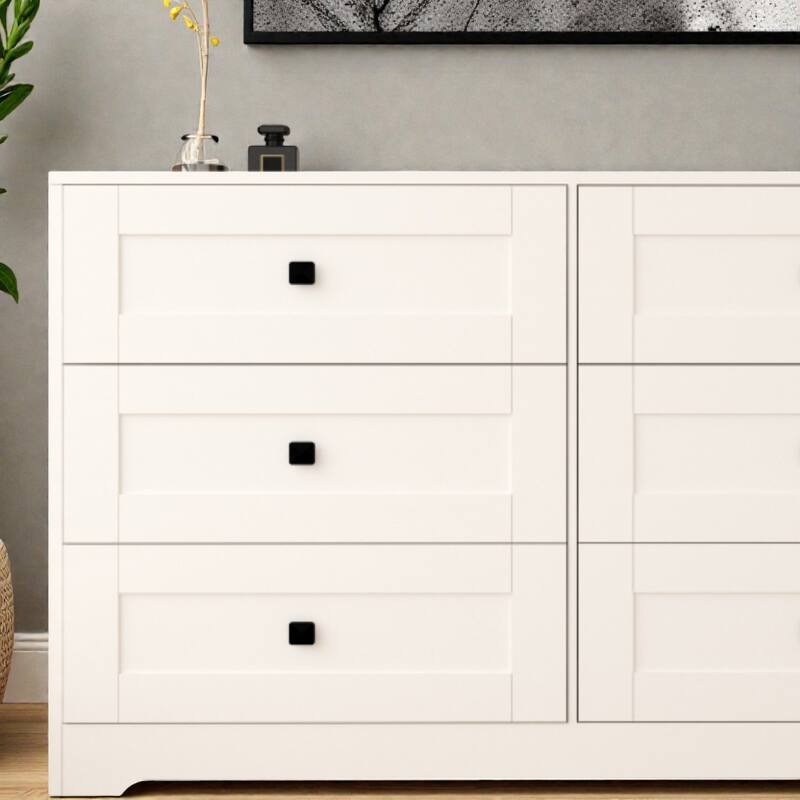 Farmhouse White 6 Drawer Dresser with Barn Door Style, Chest of Drawers Storage Cabinet for Bedroom Living Room